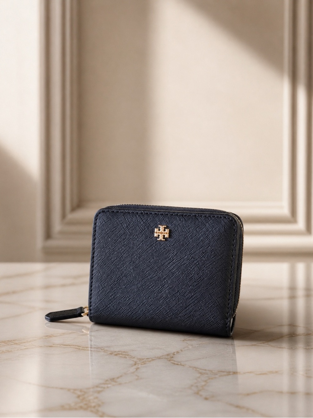 Tory Burch Black Saffiano Zip Coin Wallet with Gold Logo